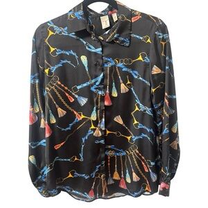 Tristan Patterned Satin Button Up Blouse Jewel Tone Tassel Print Womens Medium